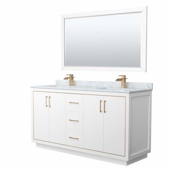 Icon 66" Double Vanity in White, Top, Square Satin Bronze Trim, 58" Mirror