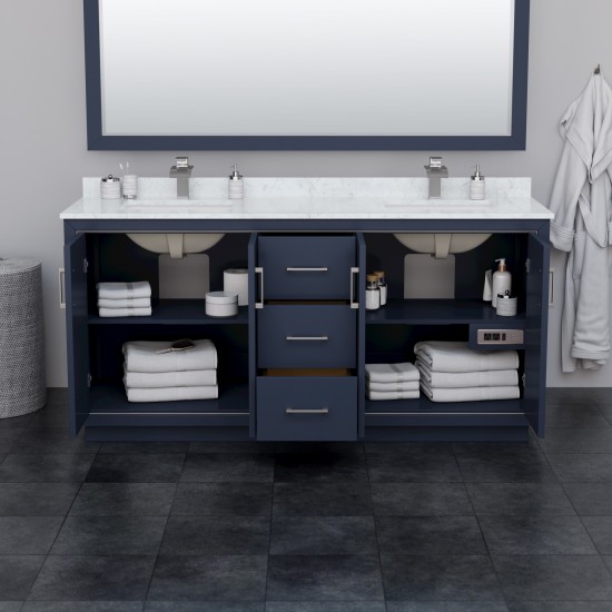 Icon 72" Double Vanity in Dark Blue, Top, Square Brushed Nickel Trim, 70" Mirror