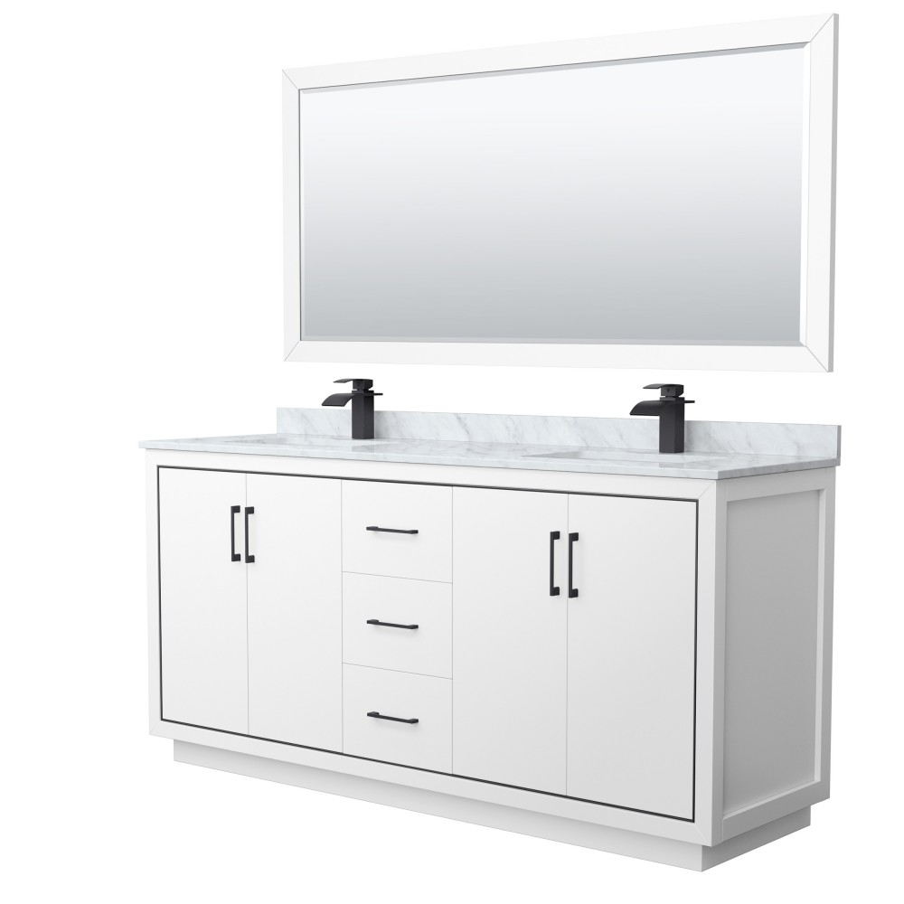 Icon 72" Double Vanity in White, Top, Square Sinks, Matte Black Trim, 70" Mirror