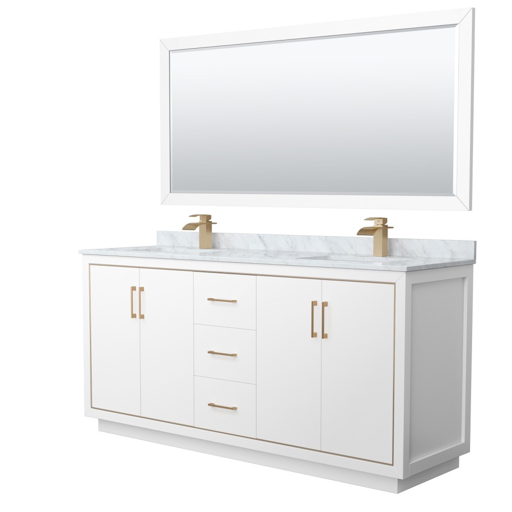 Icon 72" Double Vanity in White, Top, Square Satin Bronze Trim, 70" Mirror