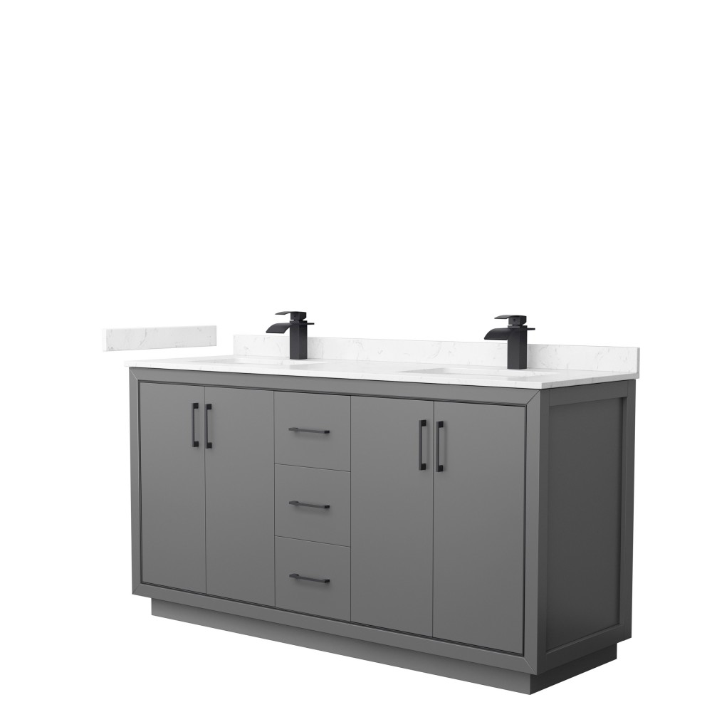 Icon 66" Double Vanity in Dark Gray, Carrara Cultured Marble Top, Black Trim