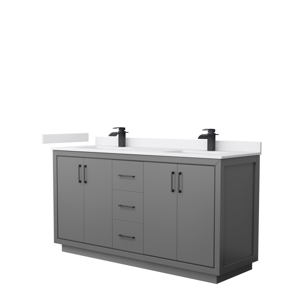 Icon 66" Double Vanity in Dark Gray, White Cultured Marble Top, Black Trim