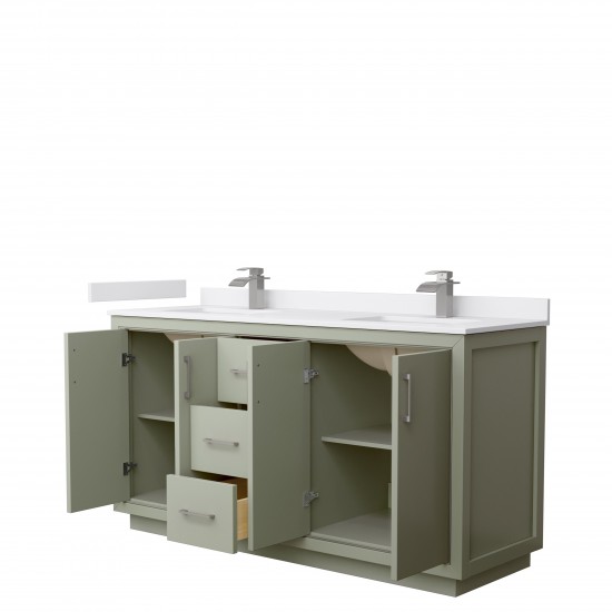 Icon 66" Double Vanity in Light Green, White Cultured Marble Top, Nickel Trim