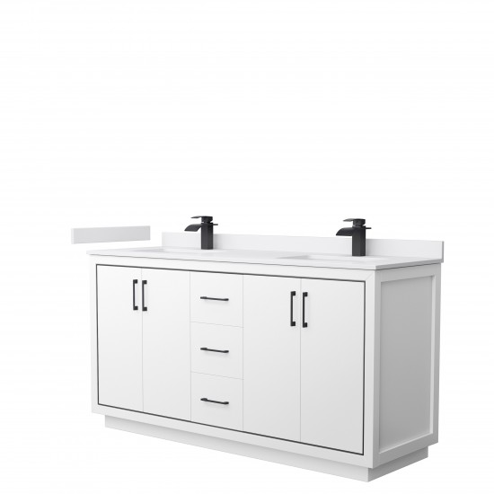 Icon 66" Double Vanity in White, White Cultured Marble Top, Black Trim