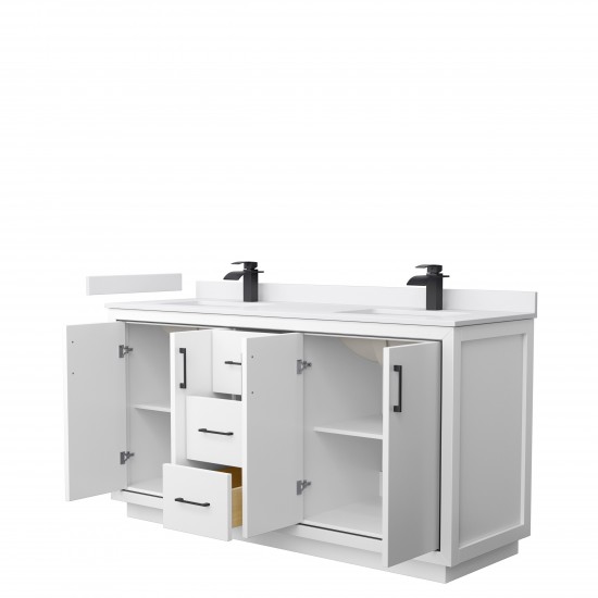 Icon 66" Double Vanity in White, White Cultured Marble Top, Black Trim