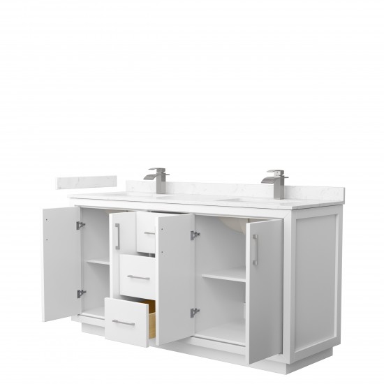 Icon 66" Double Vanity in White, Carrara Cultured Marble Top, Nickel Trim