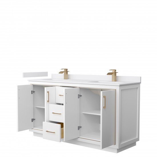 Icon 66" Double Vanity in White, White Cultured Marble Top, Bronze Trim