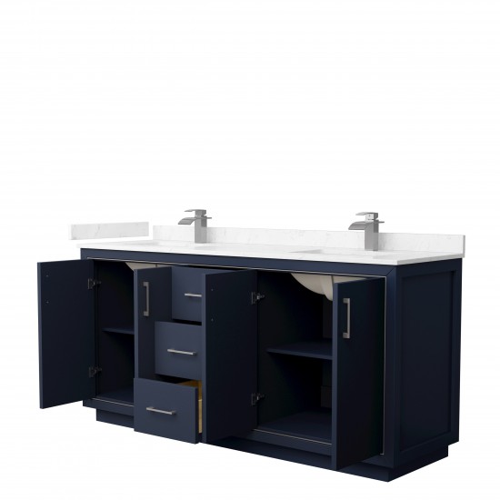 Icon 72" Double Vanity in Dark Blue, Carrara Cultured Marble Top, Nickel Trim