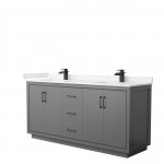 Icon 72" Double Vanity in Dark Gray, Carrara Cultured Marble Top, Black Trim