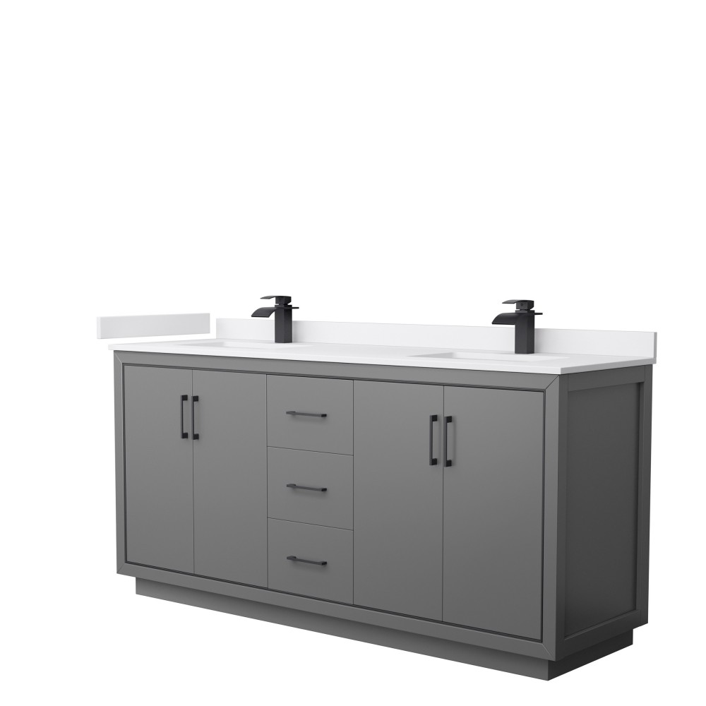 Icon 72" Double Vanity in Dark Gray, White Cultured Marble Top, Black Trim