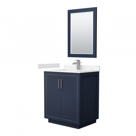 Icon 30" Single Vanity in Dark Blue, Carrara Marble Top, Nickel Trim, 24" Mirror