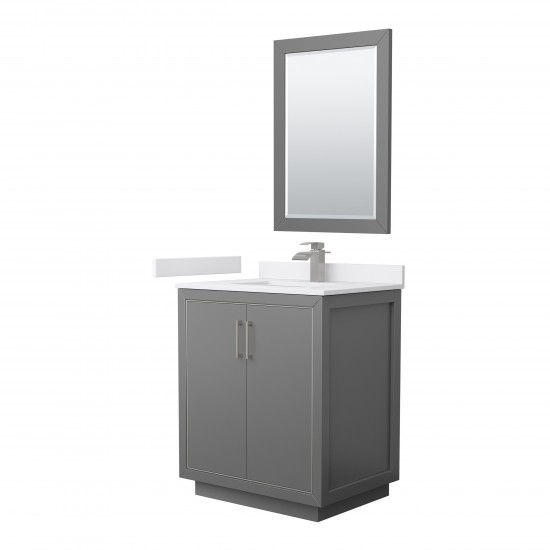 Icon 30" Single Vanity in Dark Gray, White Marble Top, Nickel Trim, 24" Mirror