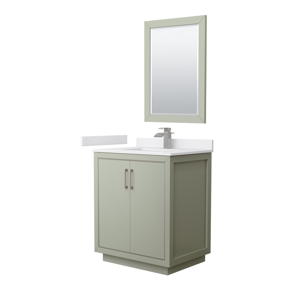 Icon 30" Single Vanity in Light Green, White Marble Top, Nickel Trim, 24" Mirror