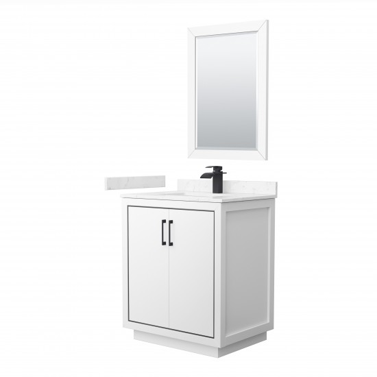 Icon 30" Single Vanity in White, Carrara Marble Top, Black Trim, 24" Mirror