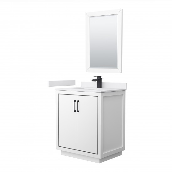 Icon 30" Single Vanity in White, White Marble Top, Black Trim, 24" Mirror