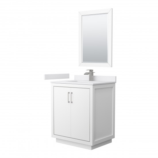 Icon 30" Single Vanity in White, White Marble Top, Nickel Trim, 24" Mirror