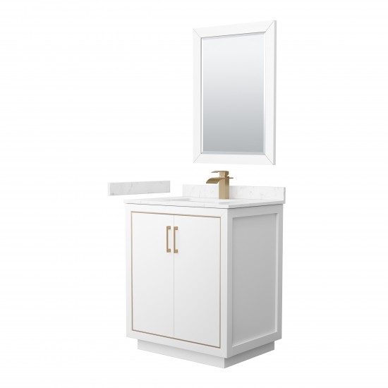 Icon 30" Single Vanity in White, Carrara Marble Top, Bronze Trim, 24" Mirror