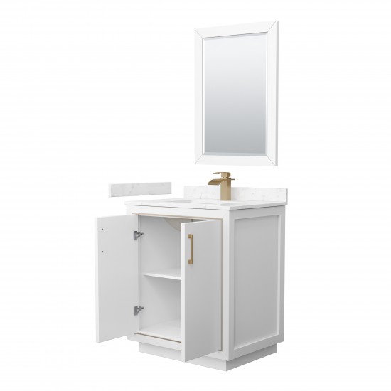 Icon 30" Single Vanity in White, Carrara Marble Top, Bronze Trim, 24" Mirror