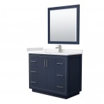 Icon 42" Single Vanity in Dark Blue, White Marble Top, Nickel Trim, 34" Mirror