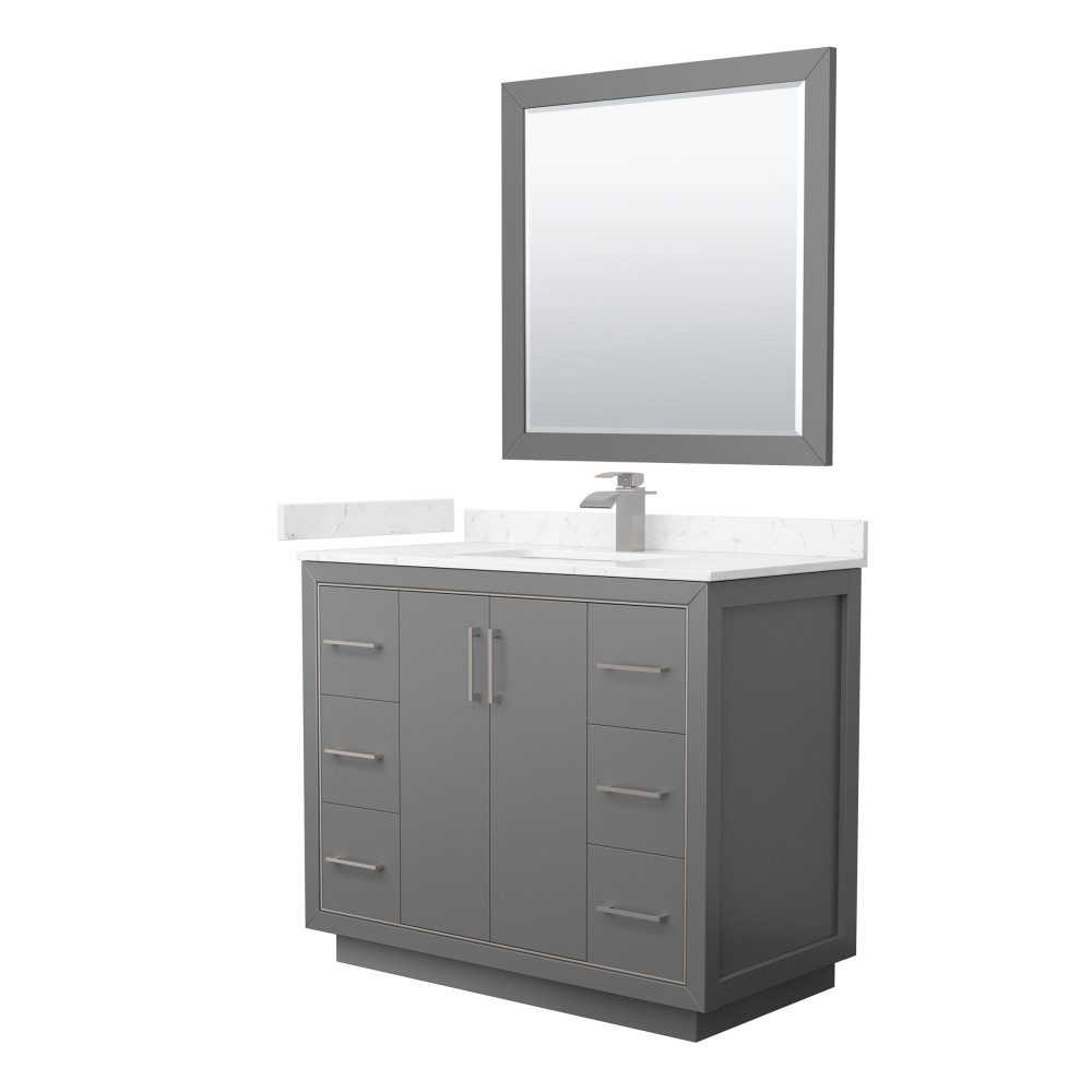 Icon 42" Single Vanity in Dark Gray, Carrara Marble Top, Nickel Trim, 34" Mirror Icon 42" Single Vanity in Dark Gray, Carrara Marble Top, Nickel Trim, 34" Mirror