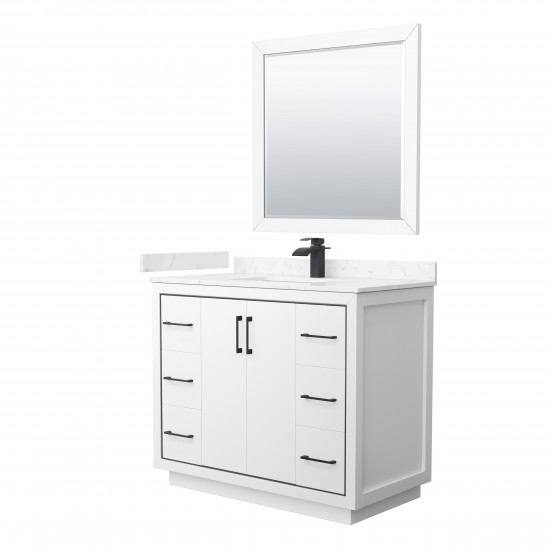 Icon 42" Single Vanity in White, Carrara Marble Top, Black Trim, 34" Mirror