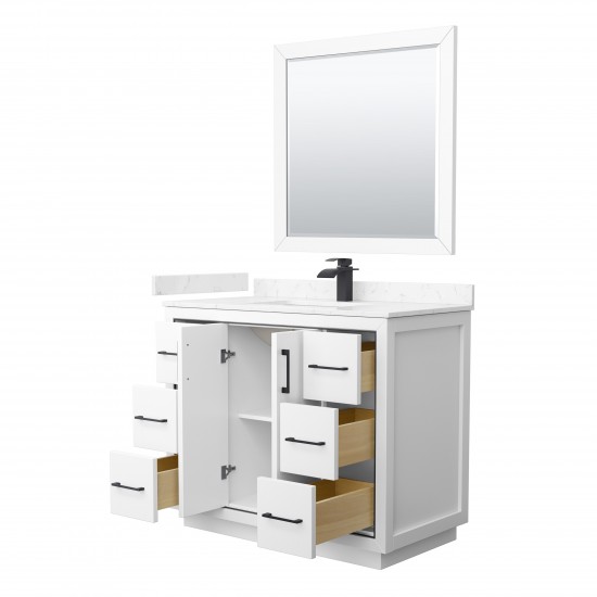 Icon 42" Single Vanity in White, Carrara Marble Top, Black Trim, 34" Mirror