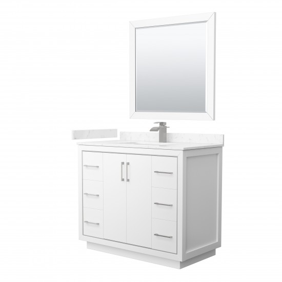 Icon 42" Single Vanity in White, Carrara Marble Top, Nickel Trim, 34" Mirror