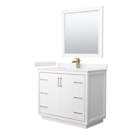 Icon 42" Single Vanity in White, Carrara Marble Top, Bronze Trim, 34" Mirror