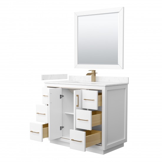 Icon 42" Single Vanity in White, Carrara Marble Top, Bronze Trim, 34" Mirror