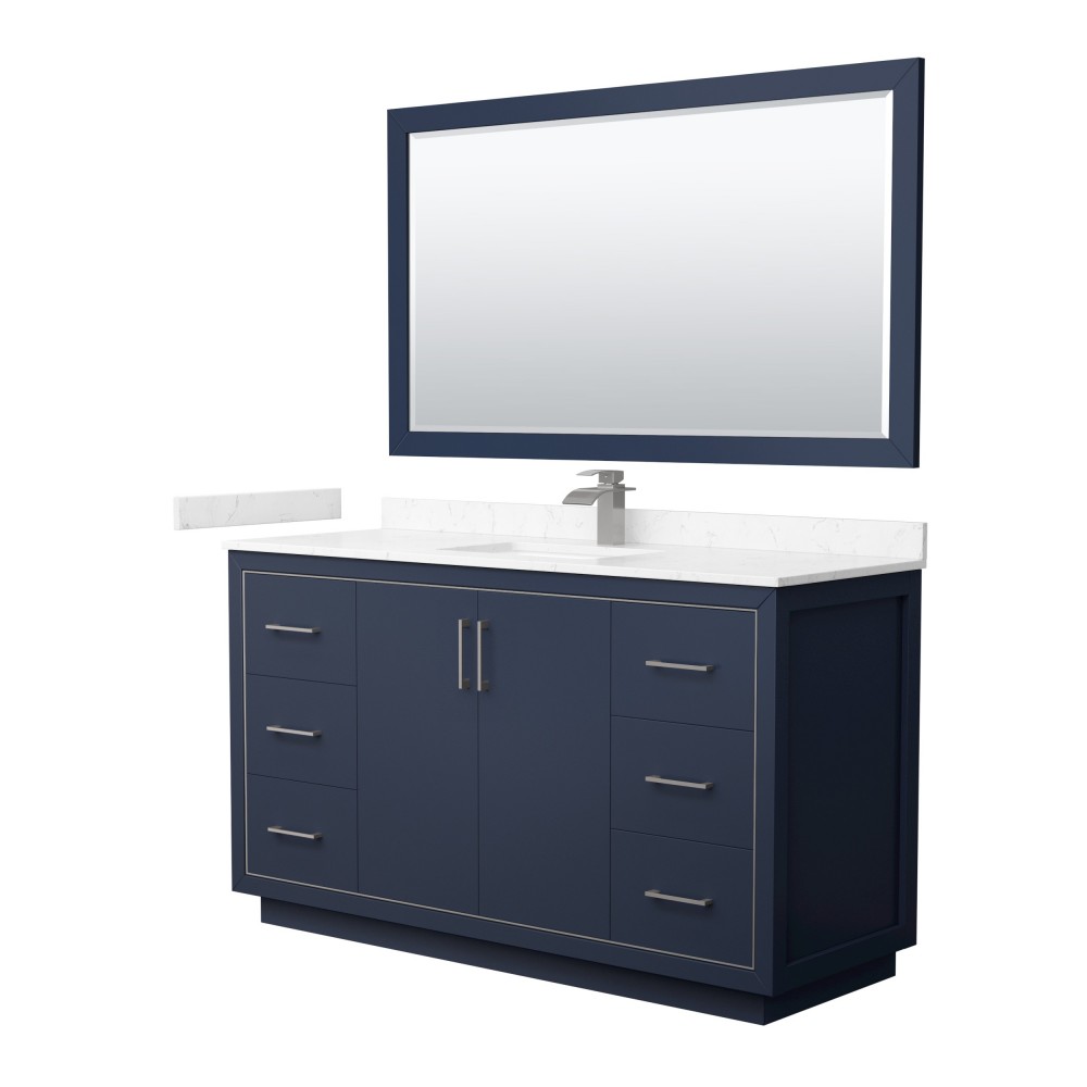 Icon 60" Single Vanity in Dark Blue, Carrara Marble Top, Nickel Trim, 58" Mirror