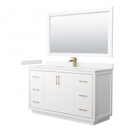 Icon 60" Single Vanity in White, Carrara Marble Top, Bronze Trim, 58" Mirror