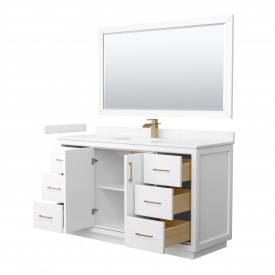 Icon 60" Single Vanity in White, Carrara Marble Top, Bronze Trim, 58" Mirror