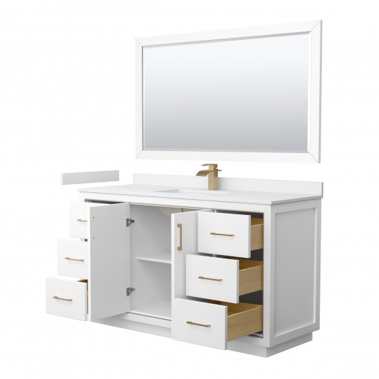 Icon 60" Single Vanity in White, White Marble Top, Bronze Trim, 58" Mirror