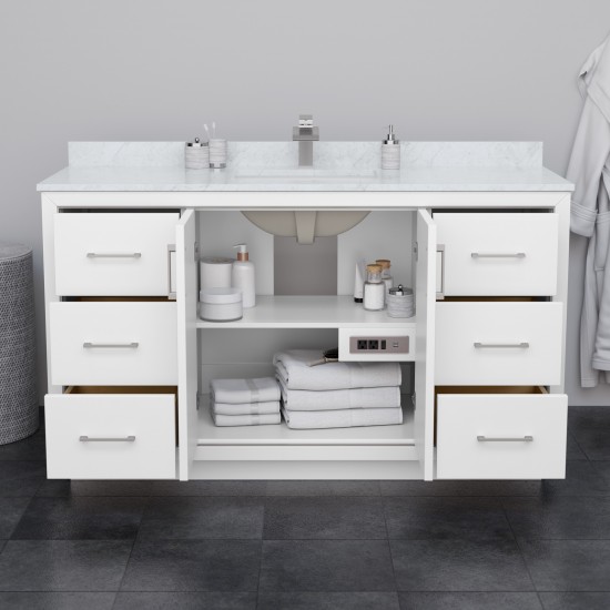 Icon 60" Single Vanity in White, White Marble Top, Bronze Trim, 58" Mirror