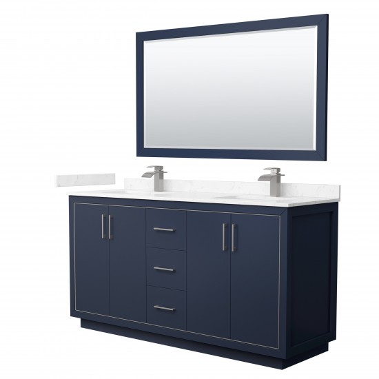 Icon 66" Double Vanity in Dark Blue, Carrara Marble Top, Nickel Trim, 58" Mirror