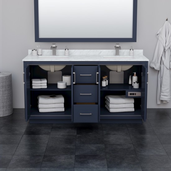 Icon 66" Double Vanity in Dark Blue, Carrara Marble Top, Nickel Trim, 58" Mirror