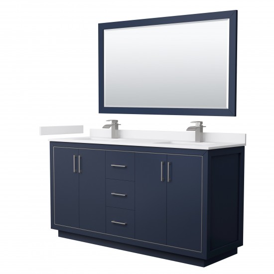 Icon 66" Double Vanity in Dark Blue, White Marble Top, Nickel Trim, 58" Mirror