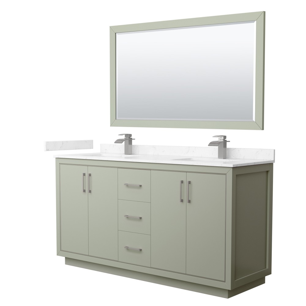 Icon 66" Light Green Double Vanity, Carrara Marble Top, Nickel Trim, 58" Mirror