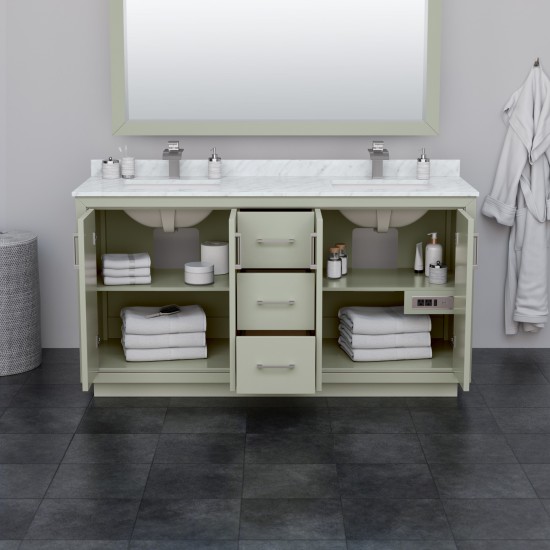 Icon 66" Light Green Double Vanity, Carrara Marble Top, Nickel Trim, 58" Mirror