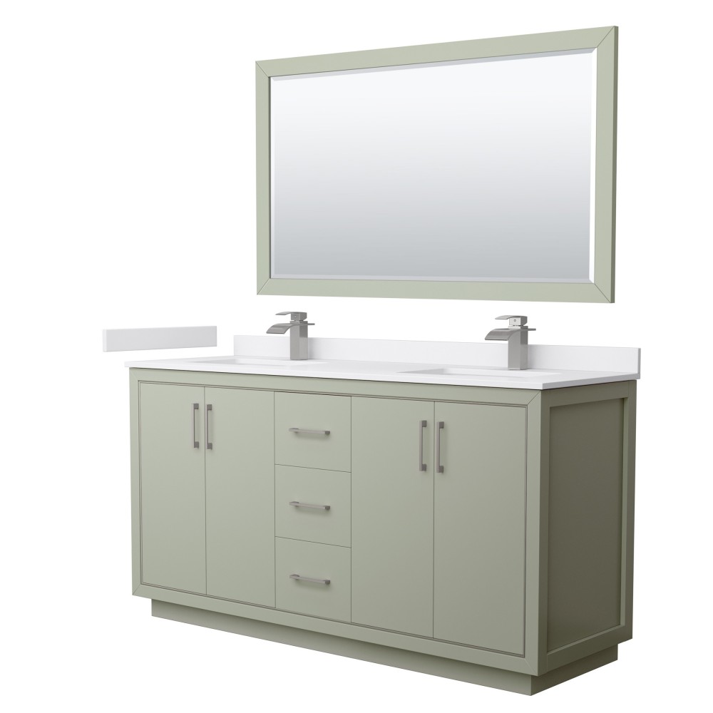 Icon 66" Double Vanity in Light Green, White Marble Top, Nickel Trim, 58" Mirror