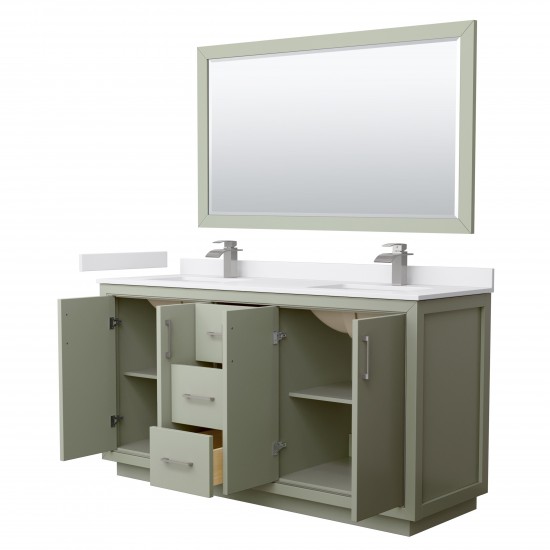 Icon 66" Double Vanity in Light Green, White Marble Top, Nickel Trim, 58" Mirror