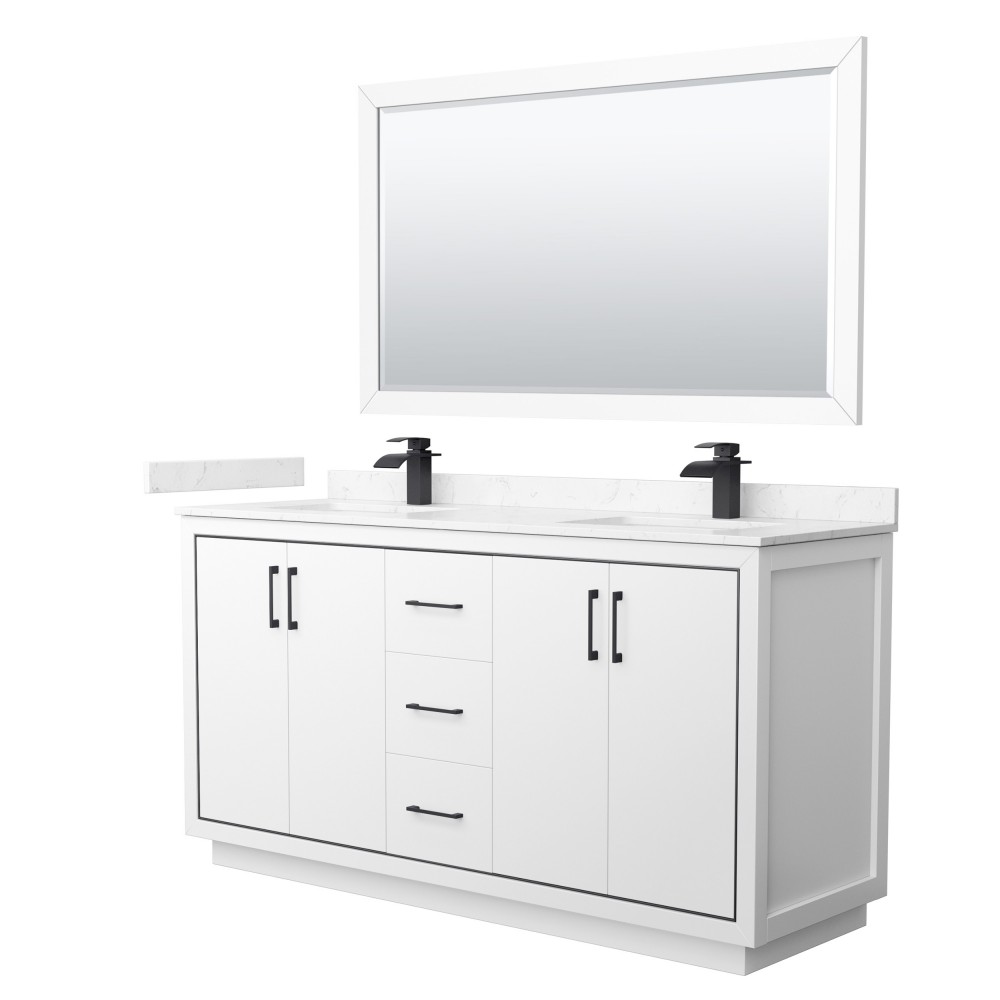 Icon 66" Double Vanity in White, Carrara Marble Top, Black Trim, 58" Mirror