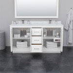 Icon 66" Double Vanity in White, White Marble Top, Black Trim, 58" Mirror