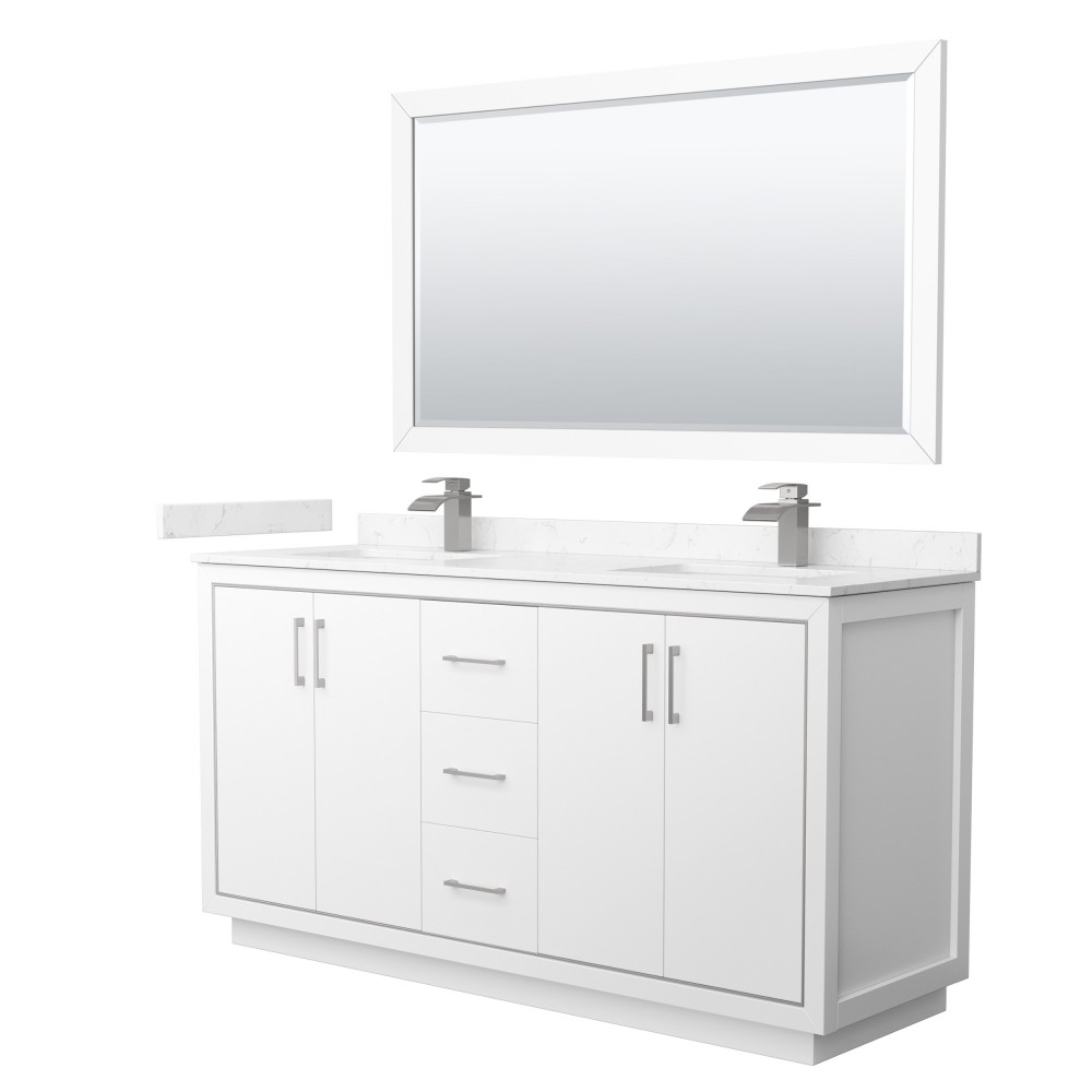 Icon 66" Double Vanity in White, Carrara Marble Top, Nickel Trim, 58" Mirror