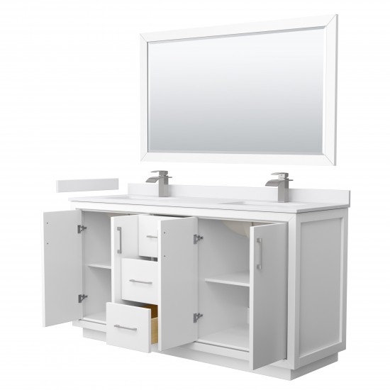 Icon 66" Double Vanity in White, White Marble Top, Nickel Trim, 58" Mirror