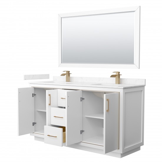 Icon 66" Double Vanity in White, Carrara Marble Top, Bronze Trim, 58" Mirror