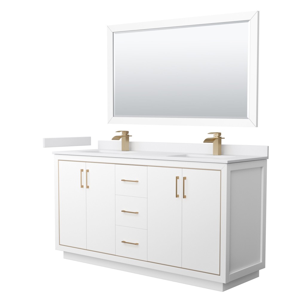 Icon 66" Double Vanity in White, White Marble Top, Bronze Trim, 58" Mirror