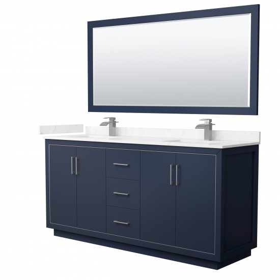 Icon 72" Double Vanity in Dark Blue, Carrara Marble Top, Nickel Trim, 70" Mirror