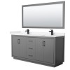 Icon 72" Double Vanity in Dark Gray, Carrara Marble Top, Black Trim, 70" Mirror