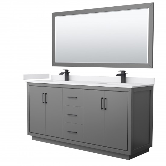 Icon 72" Double Vanity in Dark Gray, White Marble Top, Black Trim, 70" Mirror